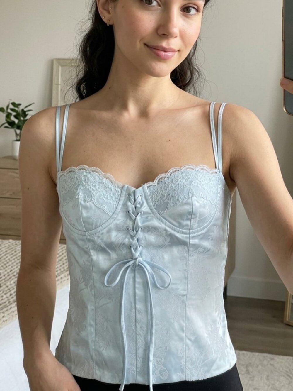 Cotton Candy LA Light Blue Satin Floral Lace Up Corset Bustier Top Size S